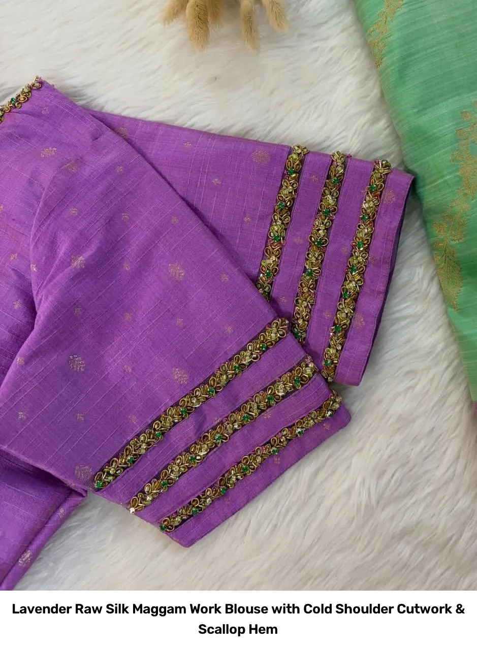 Lavender Raw Silk Maggam Work Blouse with Cold Shoulder Cutwork & Scallop Hem 3