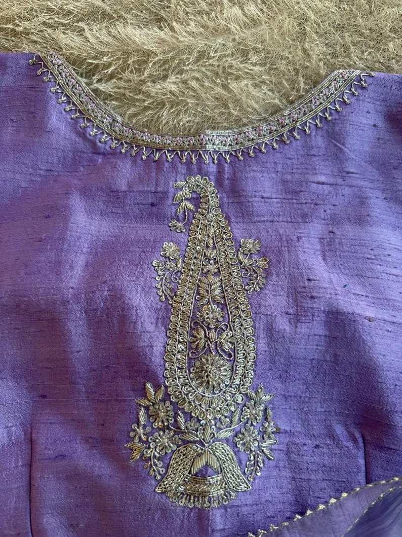 Lavender Raw Silk Saree Blouse with Silver Zari Embroidery | V-Neck Front Open Paisley Back Bridal Blouse