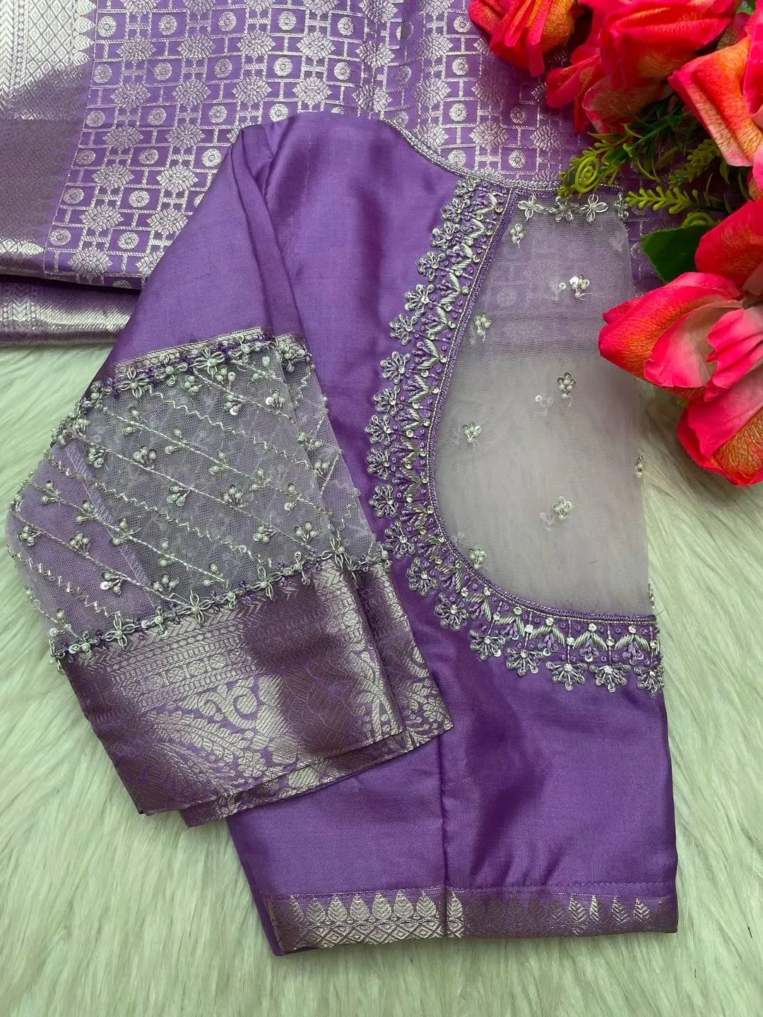 Lavender Silk Blouse with Net Back Neck & Hand Embroidery Sleeves
