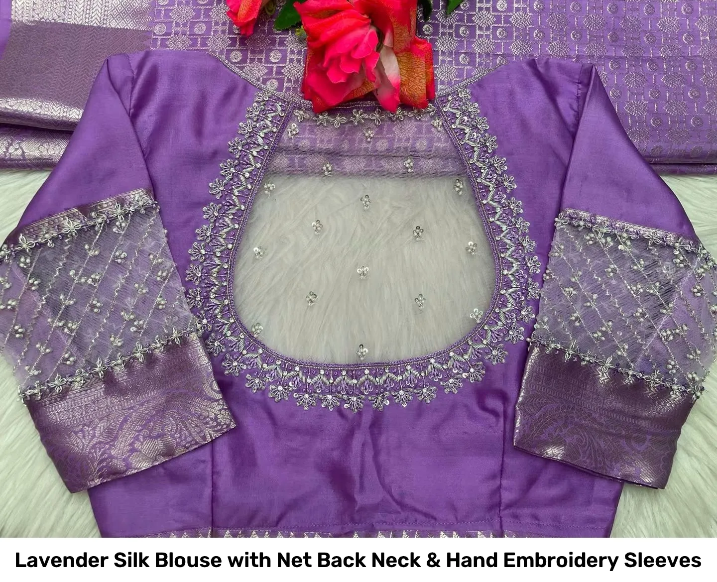 Lavender Silk Blouse with Net Back Neck & Hand Embroidery Sleeves 2