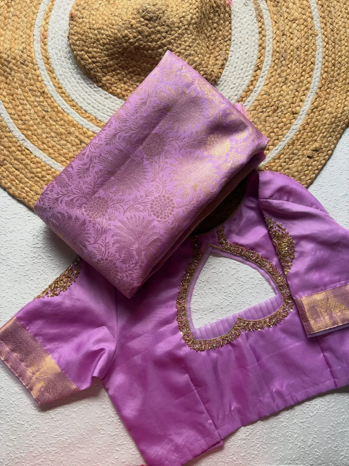Lavender Silk Readymade Saree Blouse with Heart Cutout Pleated Back, Gold Zari Border & Zardozi Handwork | Designer Bridal Blouse
