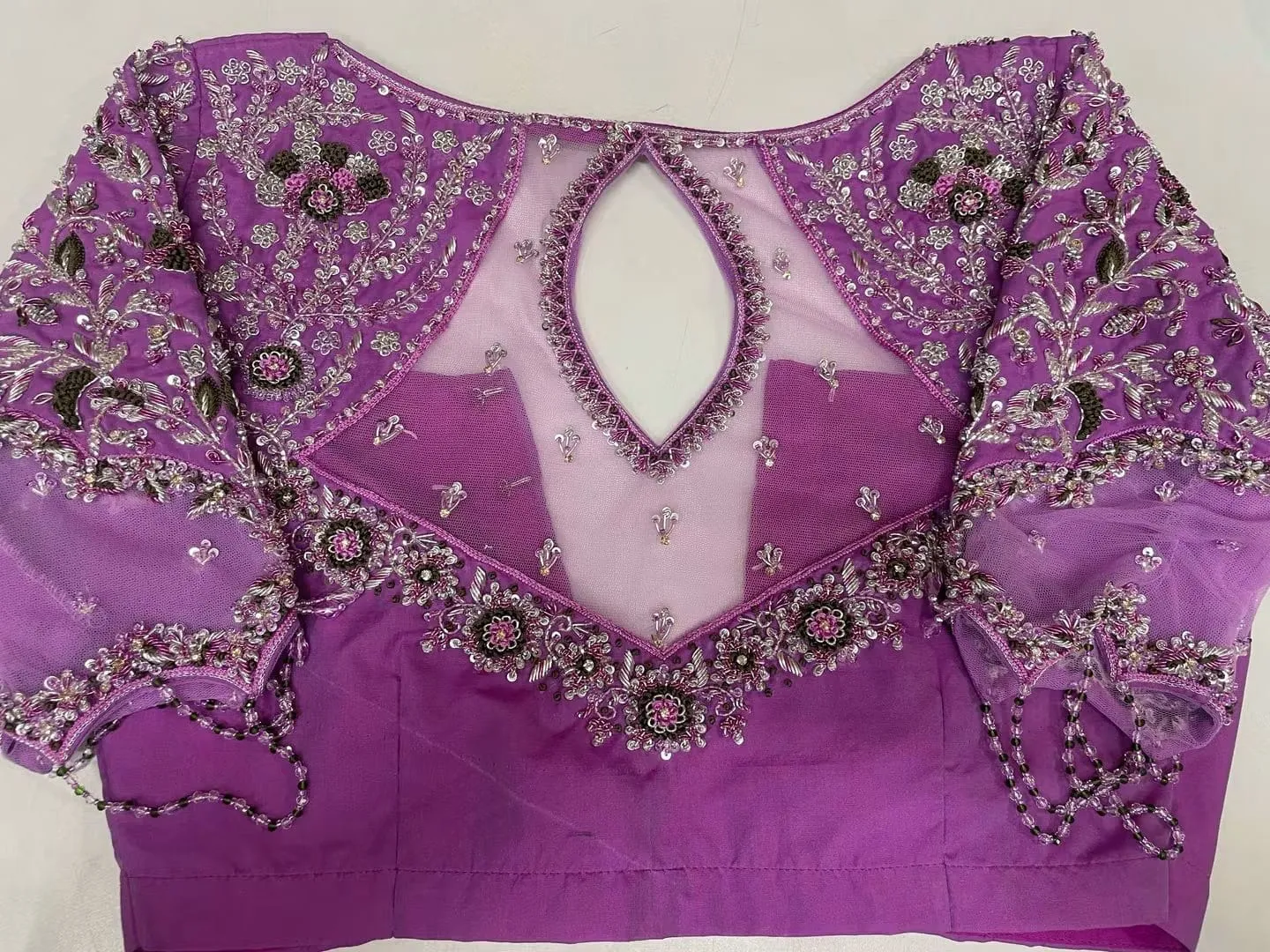 Lavender Silk Saree Blouse with Illusion Sheer Net Keyhole Back – Heavy Maggam Zardozi Embroidery & Beaded Loop Fringe Sleeves 1