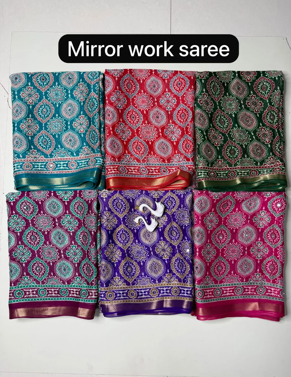 Lightweight Georgette Mirror Work Saree with Zari Border & Matching Blouse Piece