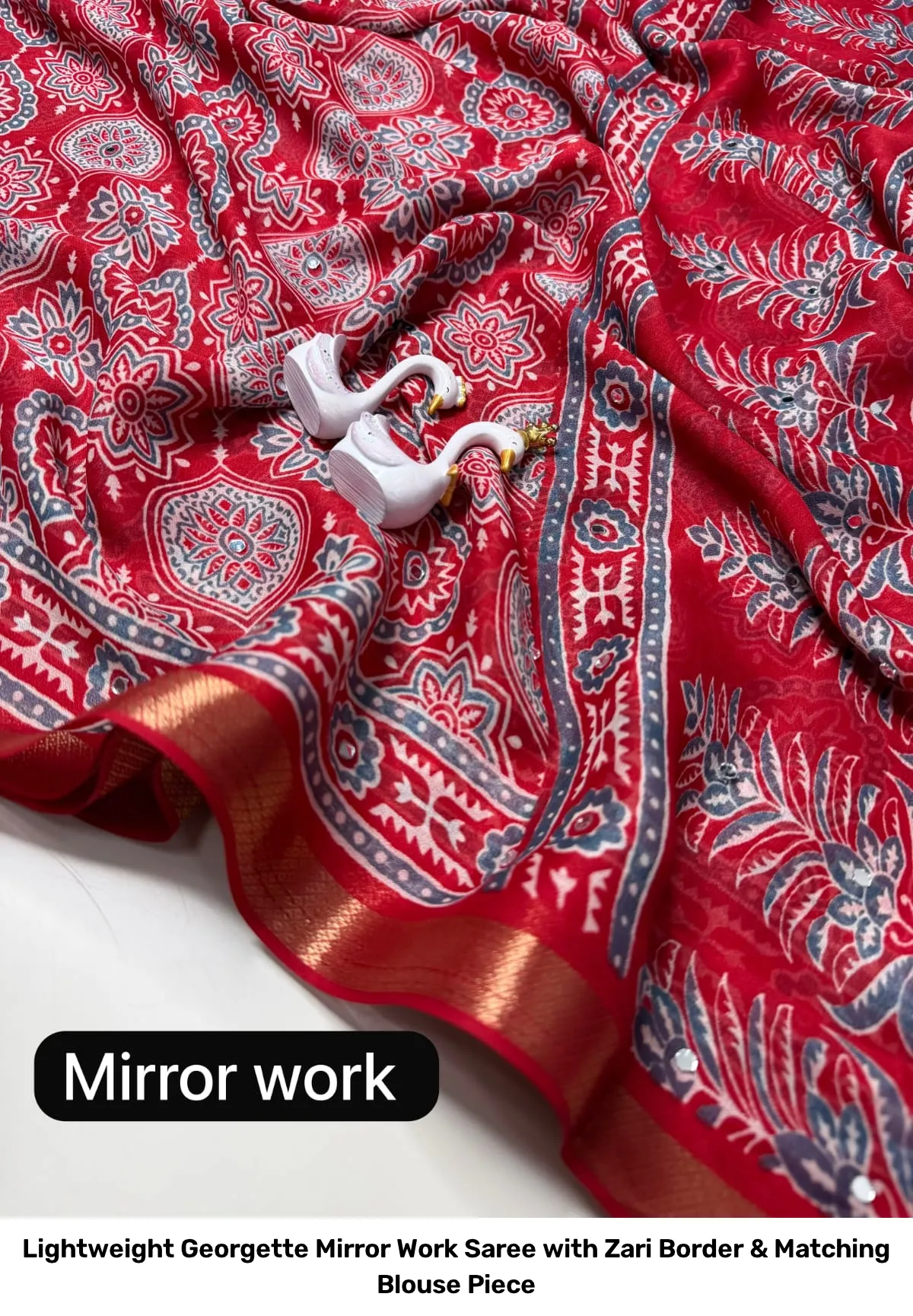 Lightweight Georgette Mirror Work Saree with Zari Border & Matching Blouse Piece 10