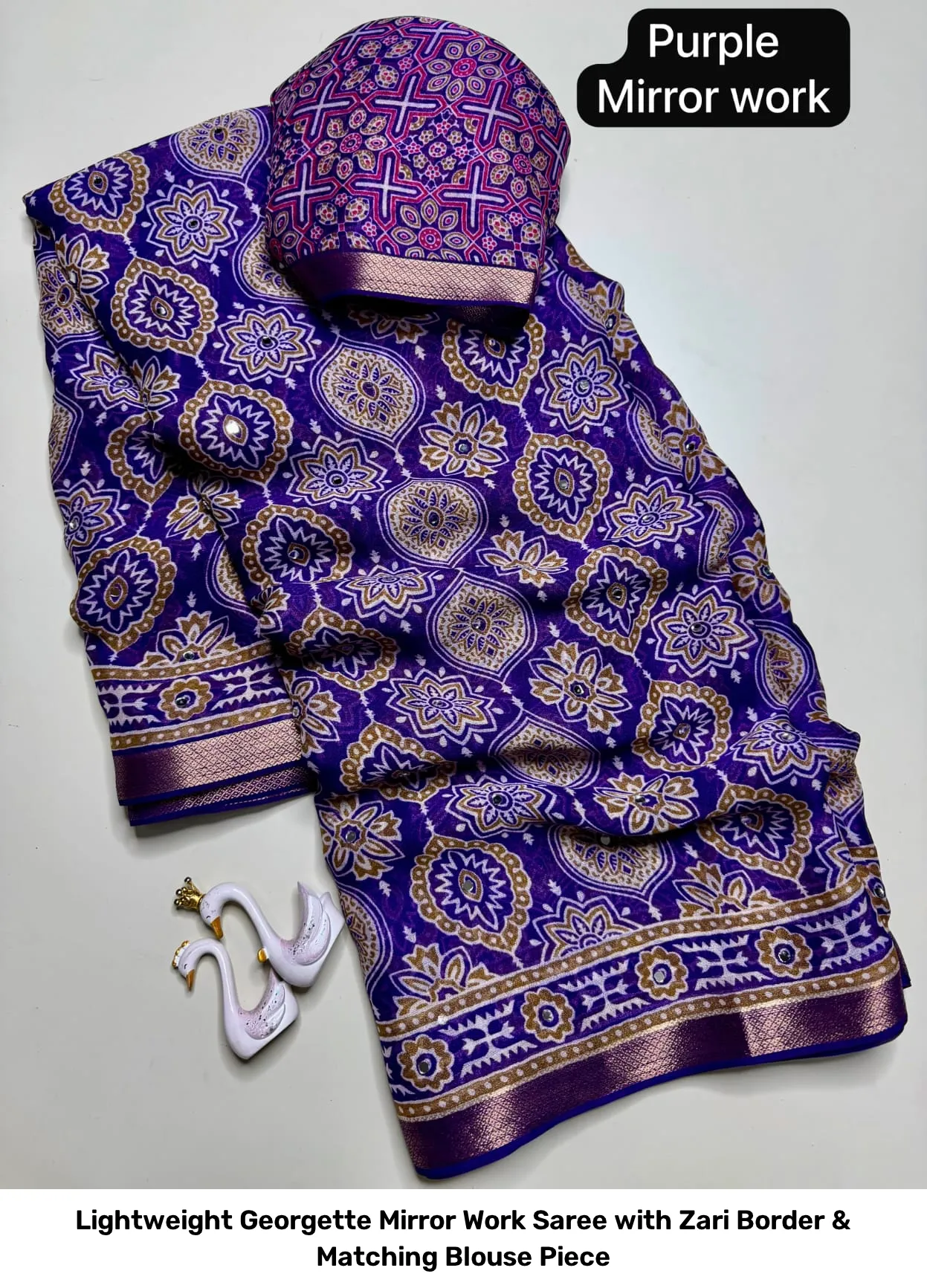 Lightweight Georgette Mirror Work Saree with Zari Border & Matching Blouse Piece 11