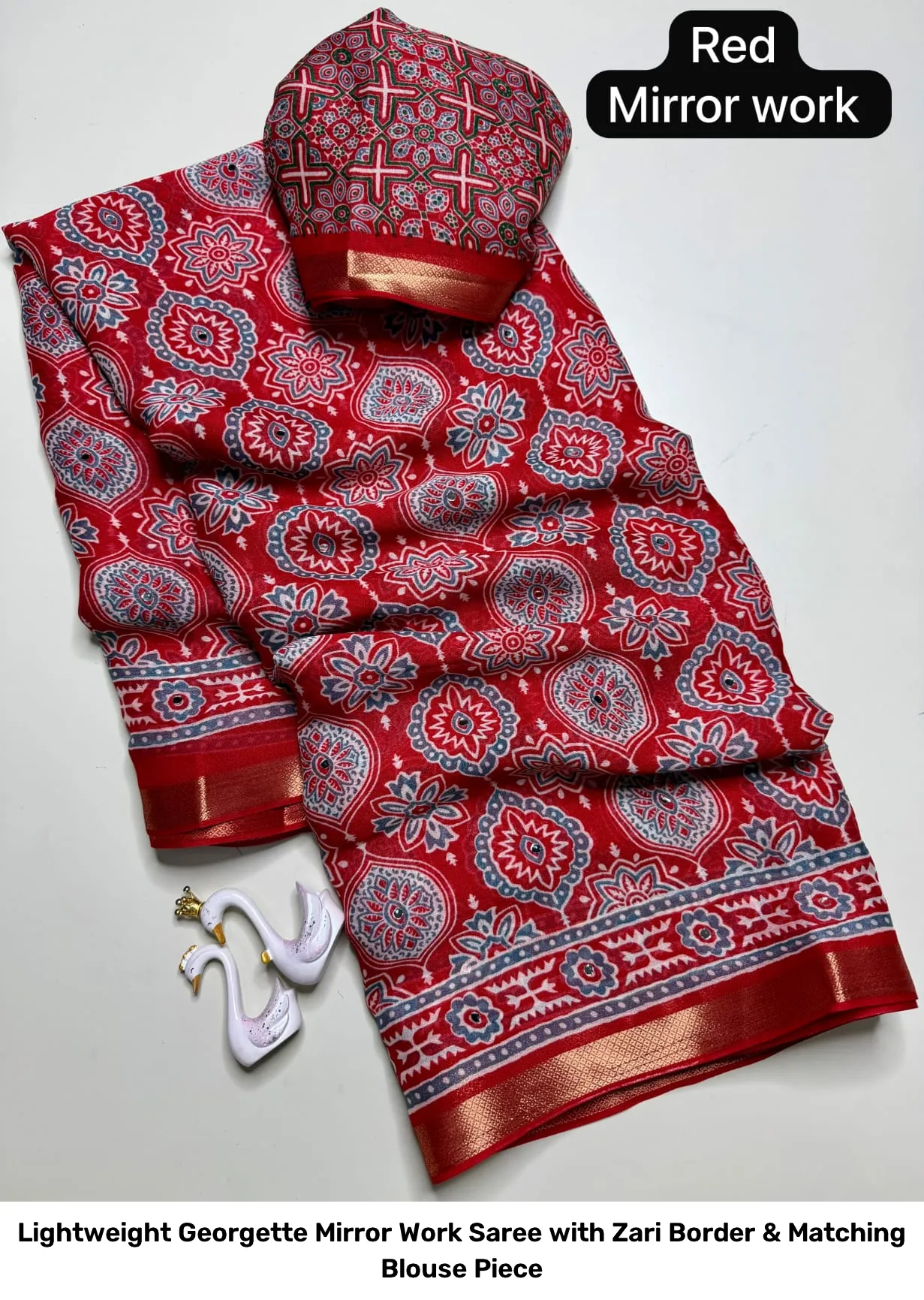Lightweight Georgette Mirror Work Saree with Zari Border & Matching Blouse Piece 12