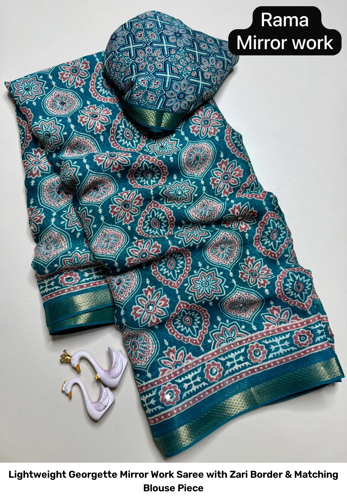 Lightweight Georgette Mirror Work Saree with Zari Border & Matching Blouse Piece 13