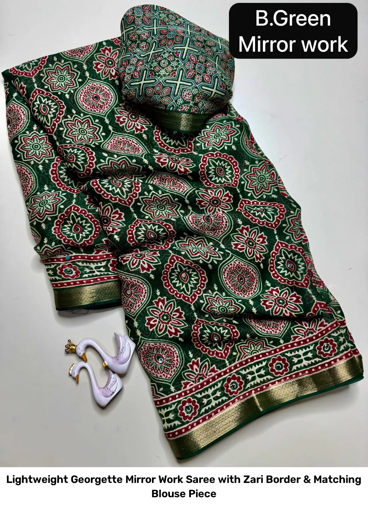 Lightweight Georgette Mirror Work Saree with Zari Border & Matching Blouse Piece 2