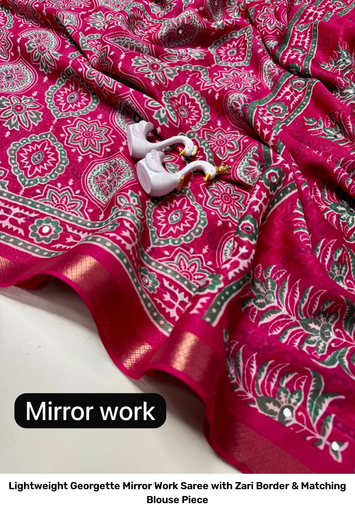 Lightweight Georgette Mirror Work Saree with Zari Border & Matching Blouse Piece 3