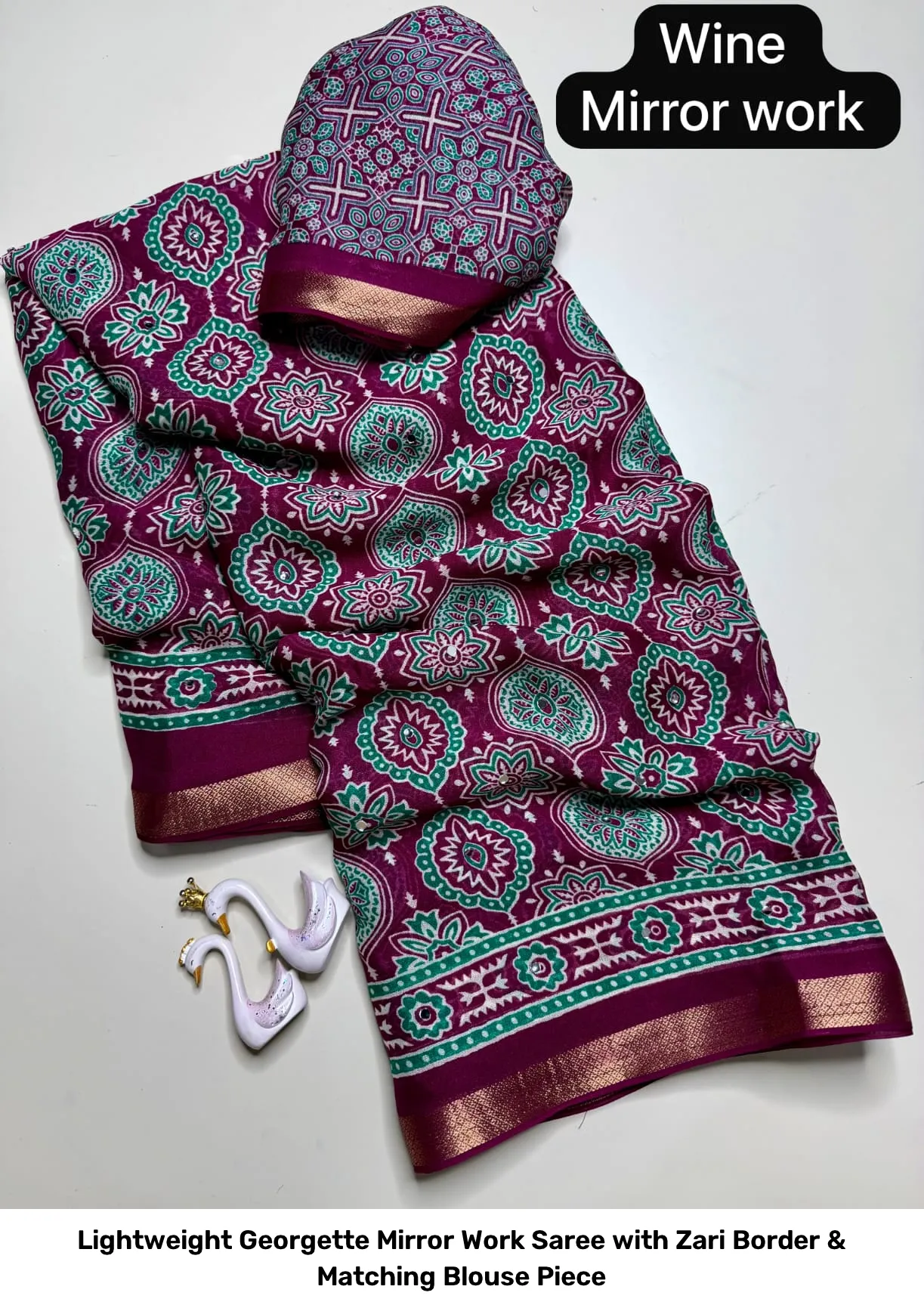 Lightweight Georgette Mirror Work Saree with Zari Border & Matching Blouse Piece 4