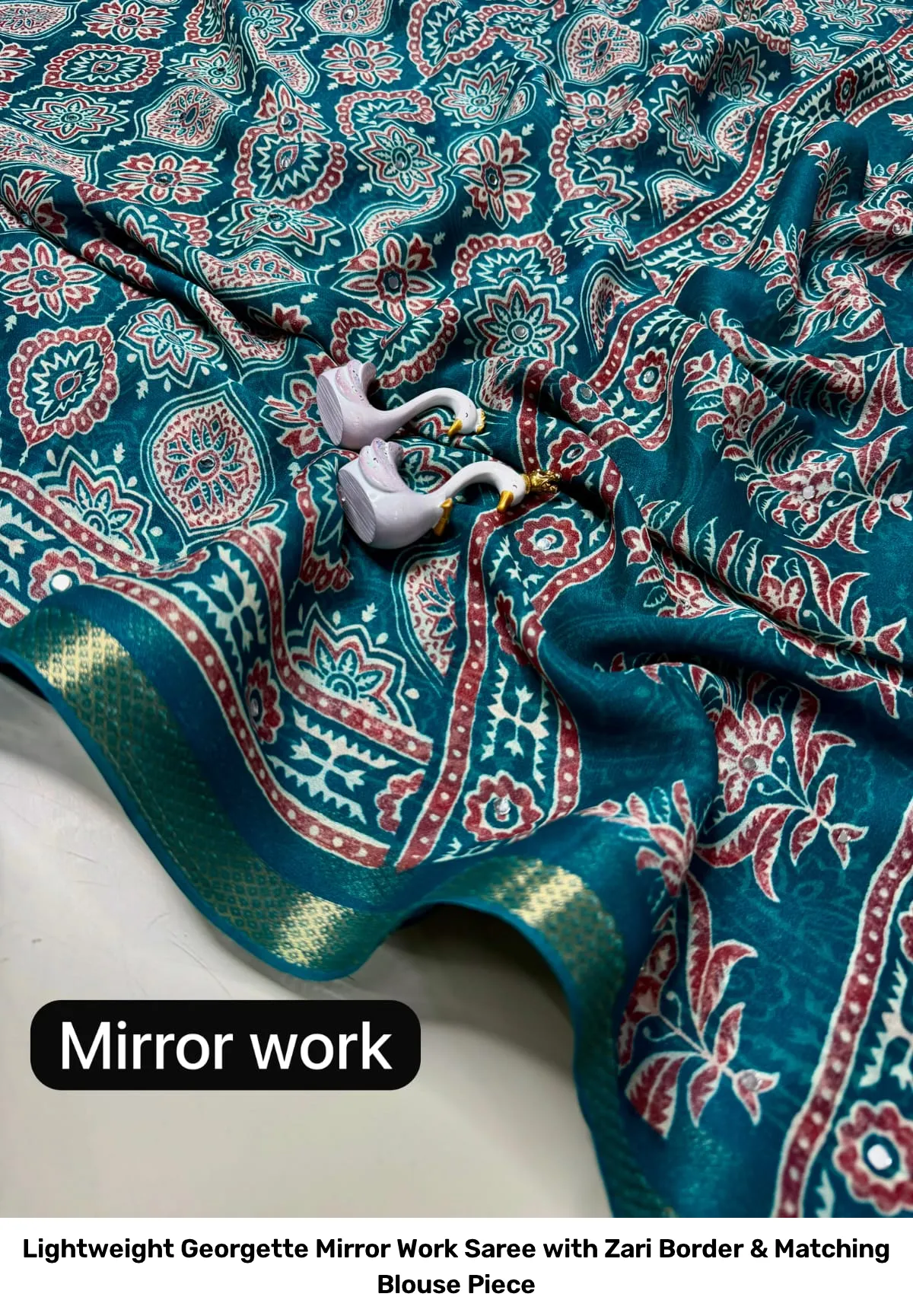 Lightweight Georgette Mirror Work Saree with Zari Border & Matching Blouse Piece 5