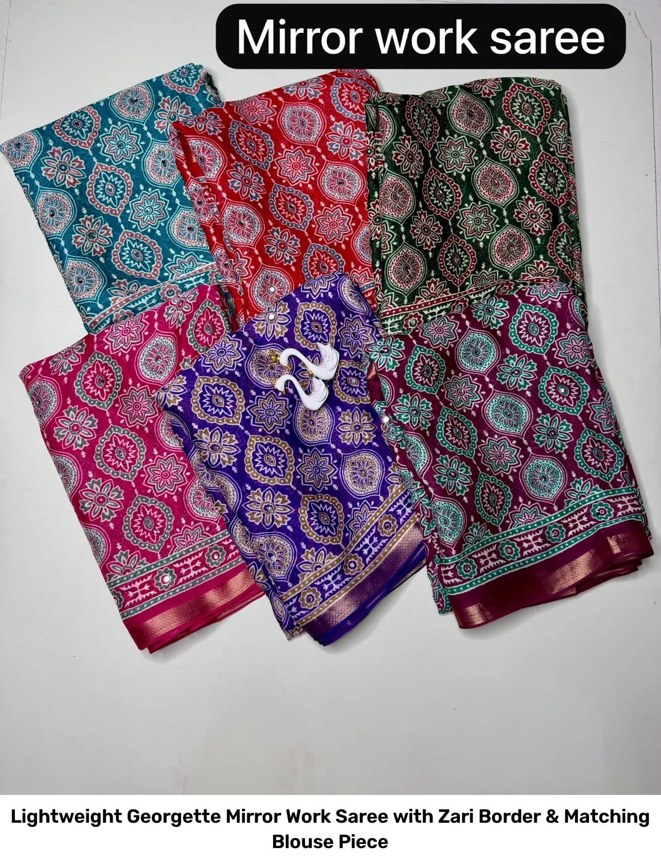 Lightweight Georgette Mirror Work Saree with Zari Border & Matching Blouse Piece 6
