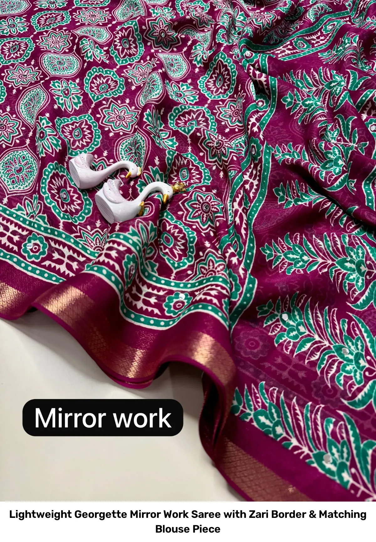 Lightweight Georgette Mirror Work Saree with Zari Border & Matching Blouse Piece 7