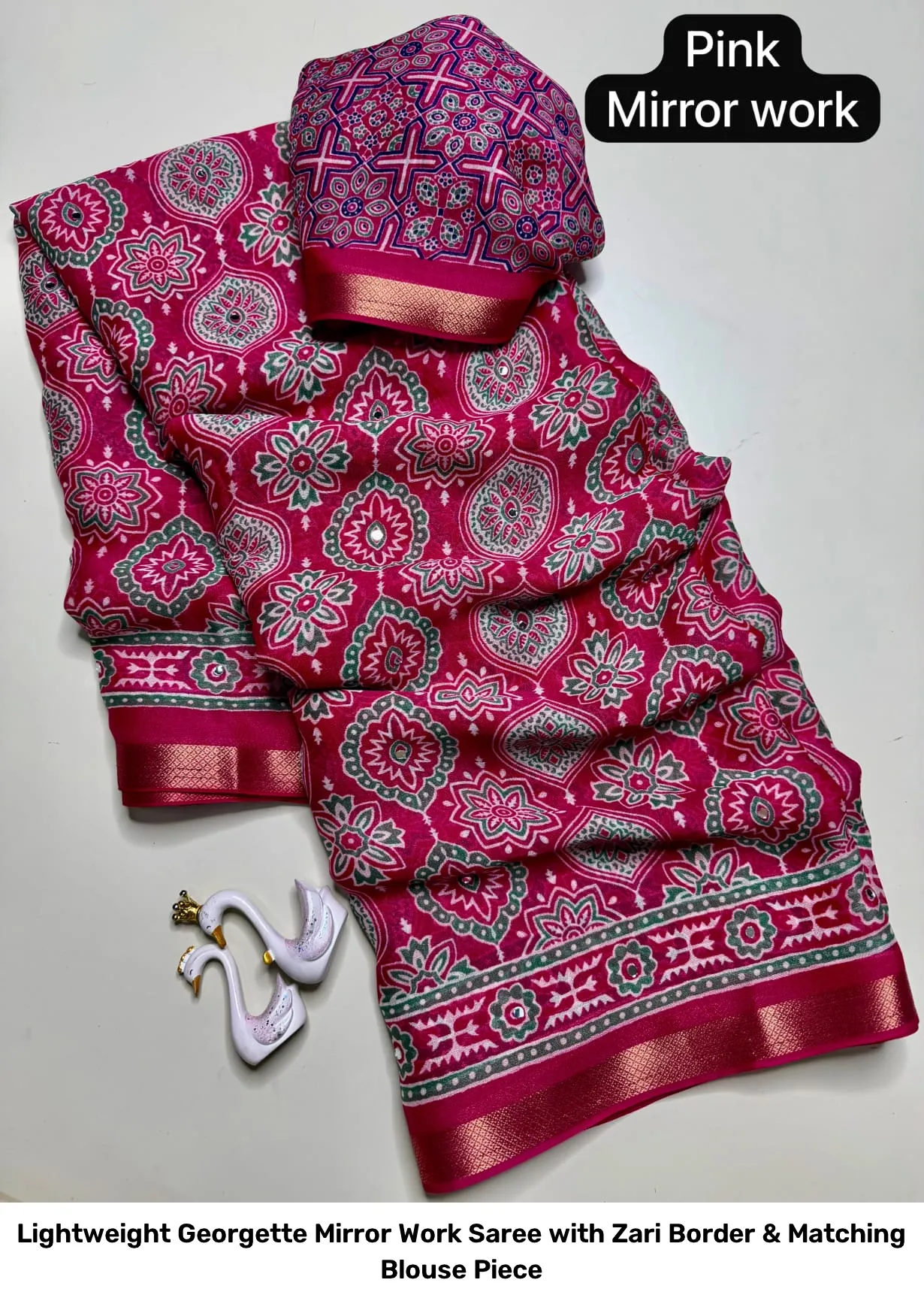 Lightweight Georgette Mirror Work Saree with Zari Border & Matching Blouse Piece 8
