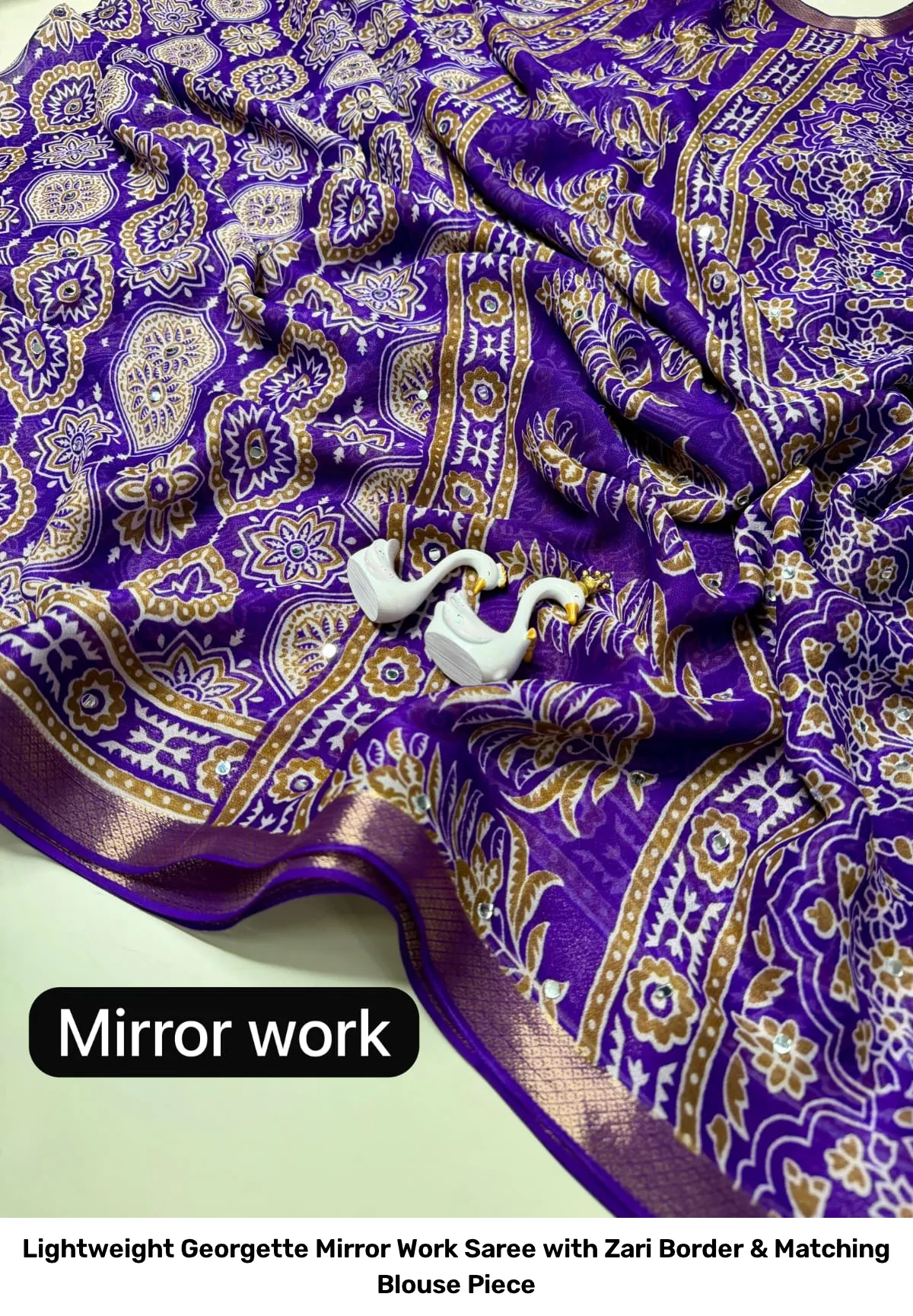 Lightweight Georgette Mirror Work Saree with Zari Border & Matching Blouse Piece 9