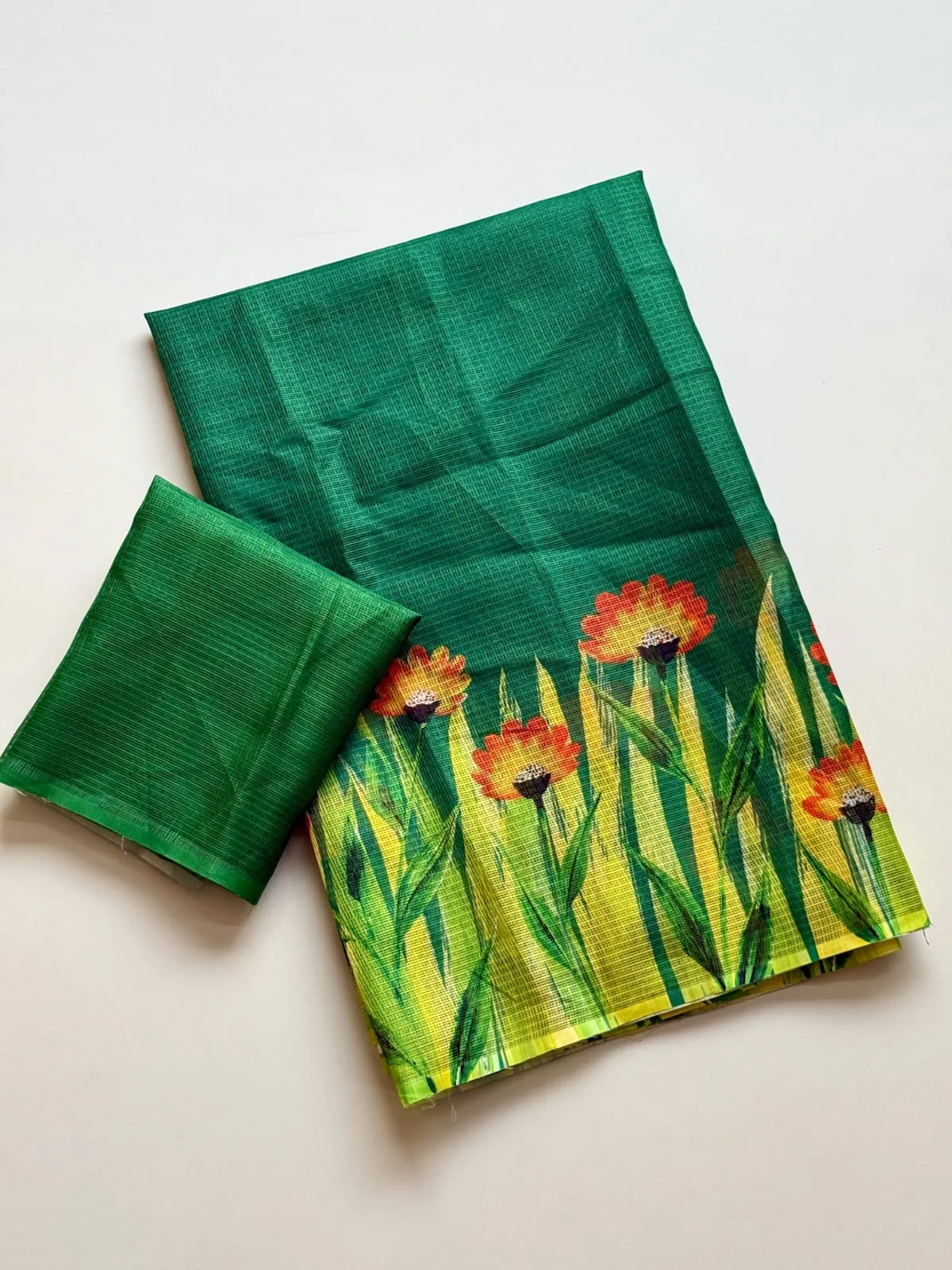 Lightweight Kota Doria Check Saree – Botanical Wildflower Art Print with Contrast Border & Printed Blouse Digital Printed Modal