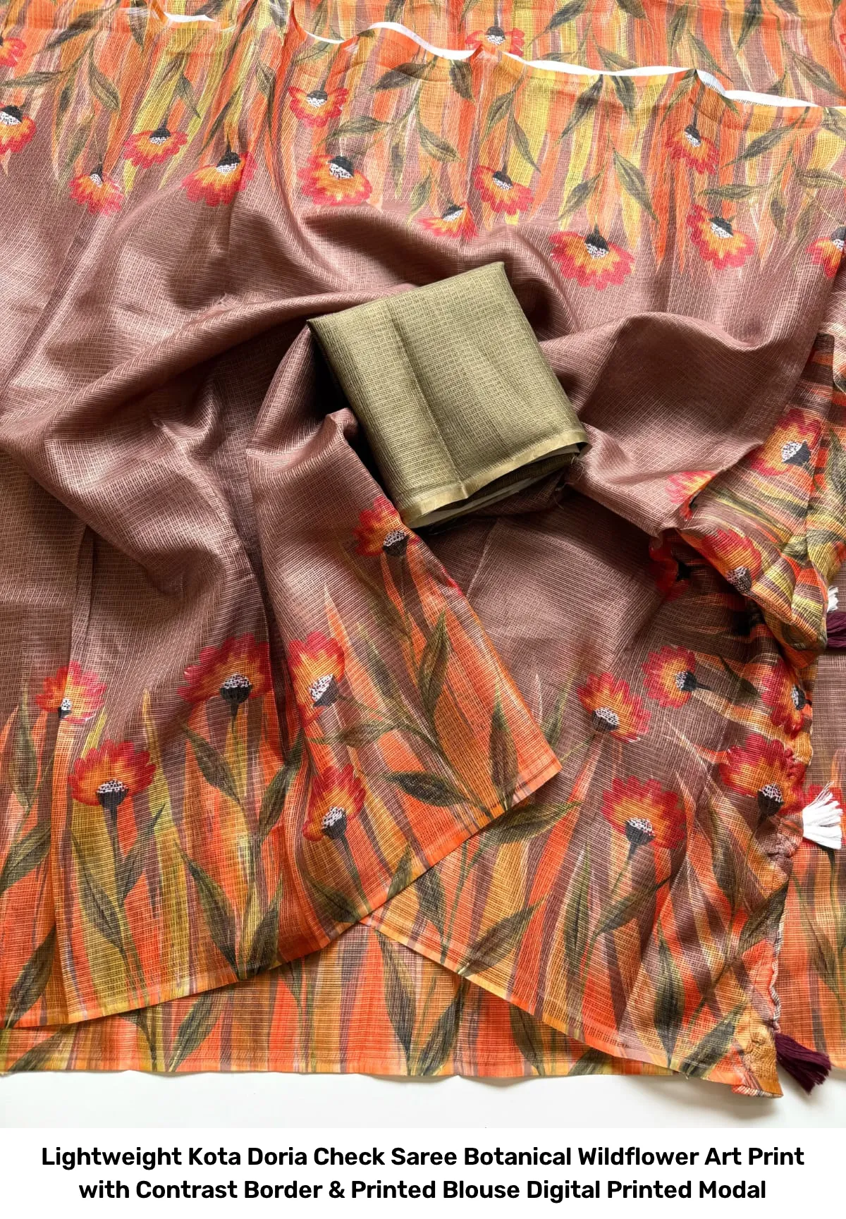 Lightweight Kota Doria Check Saree – Botanical Wildflower Art Print with Contrast Border & Printed Blouse Digital Printed Modal 10