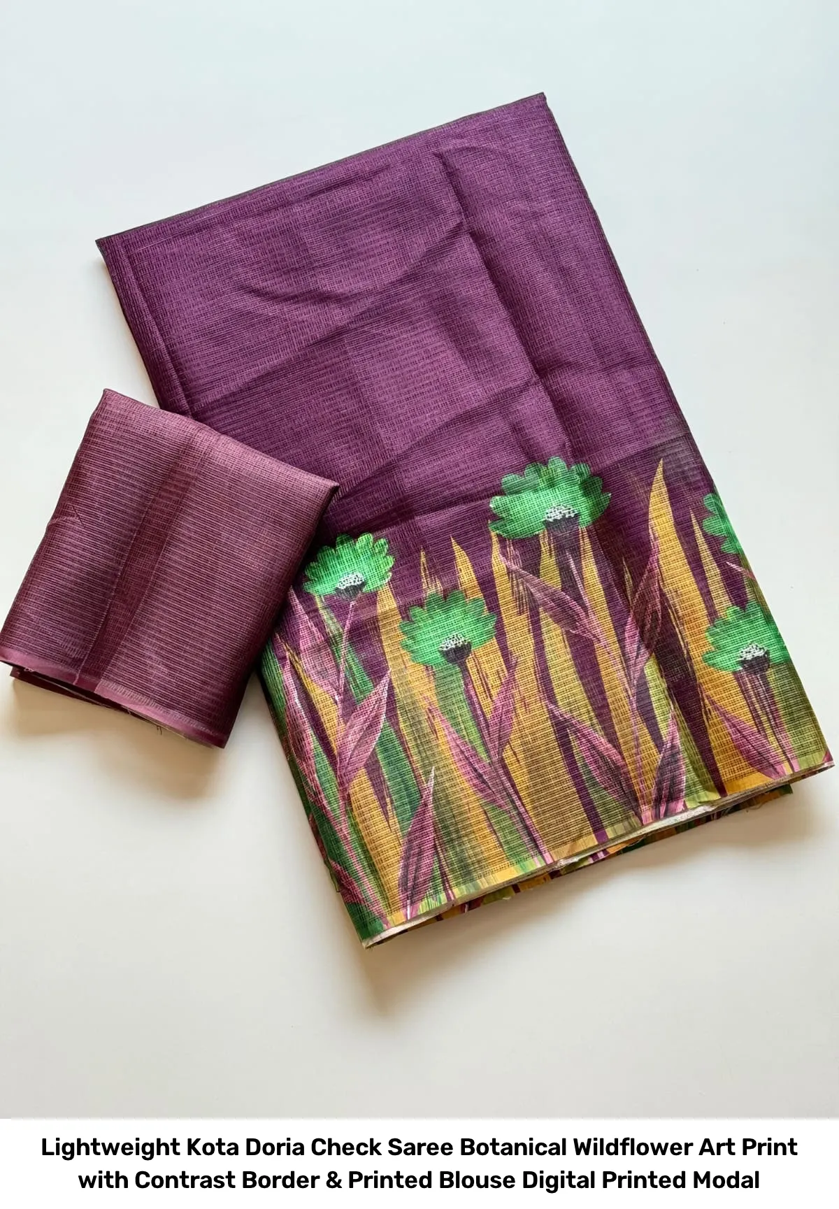 Lightweight Kota Doria Check Saree – Botanical Wildflower Art Print with Contrast Border & Printed Blouse Digital Printed Modal 11