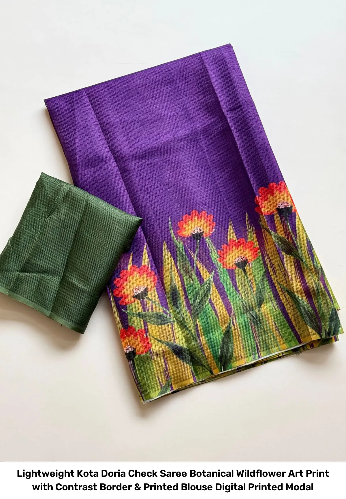 Lightweight Kota Doria Check Saree – Botanical Wildflower Art Print with Contrast Border & Printed Blouse Digital Printed Modal 12