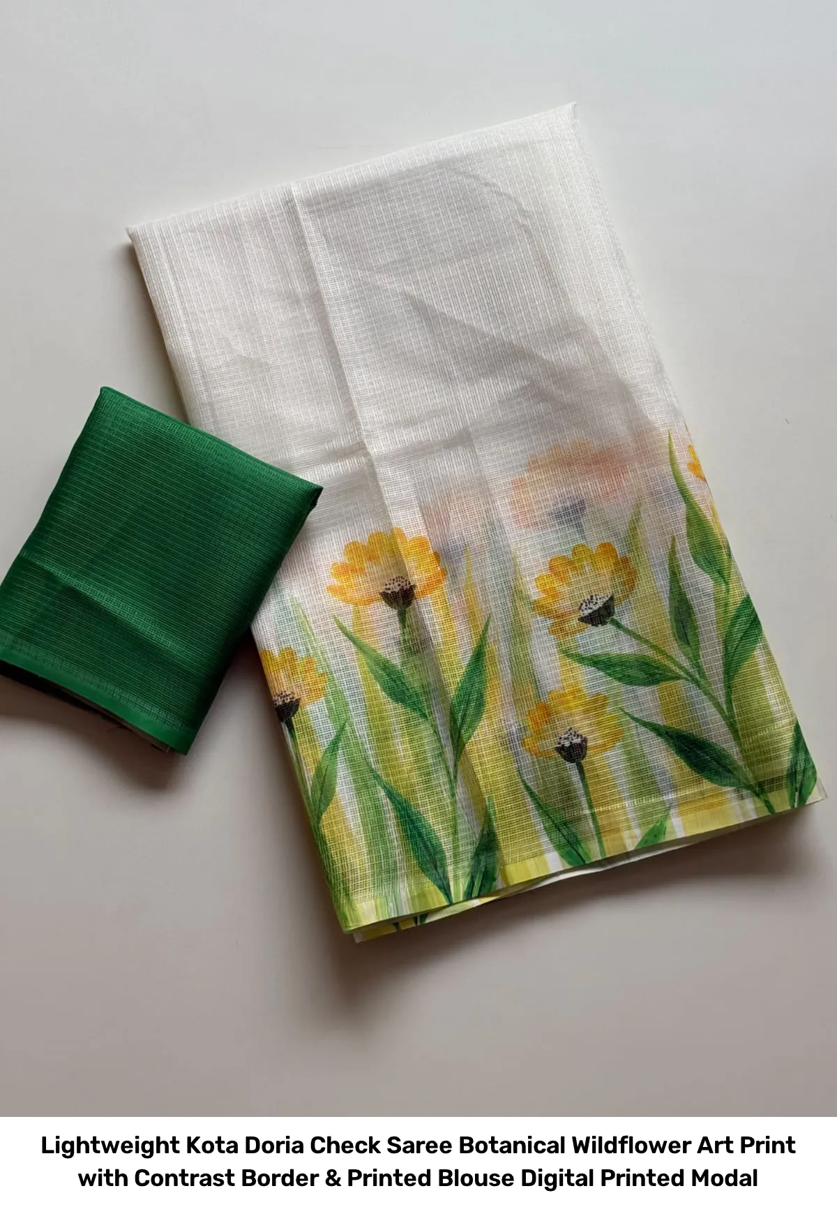 Lightweight Kota Doria Check Saree – Botanical Wildflower Art Print with Contrast Border & Printed Blouse Digital Printed Modal 2