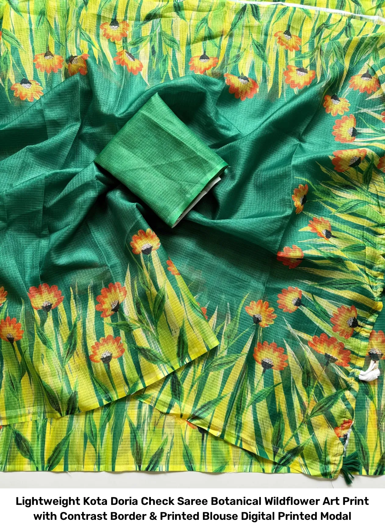 Lightweight Kota Doria Check Saree – Botanical Wildflower Art Print with Contrast Border & Printed Blouse Digital Printed Modal 3