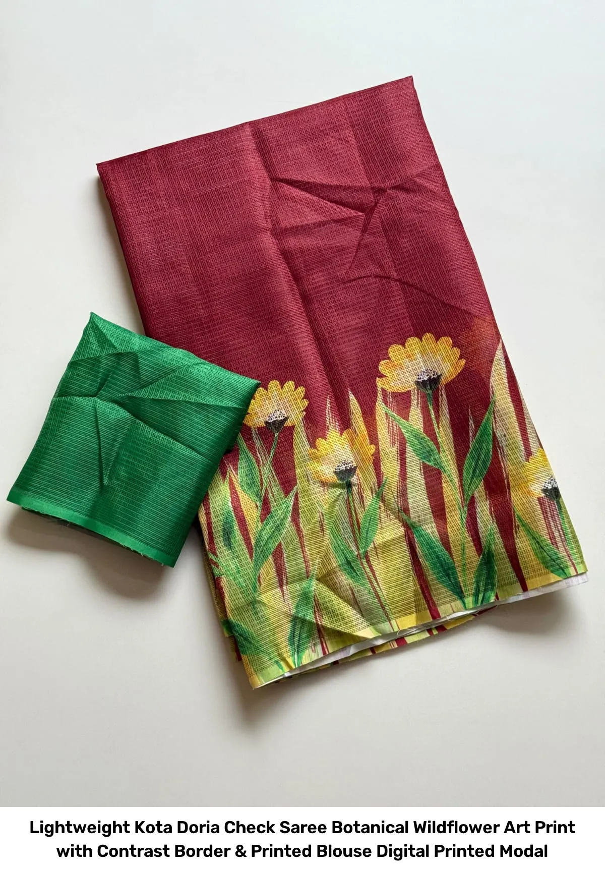 Lightweight Kota Doria Check Saree – Botanical Wildflower Art Print with Contrast Border & Printed Blouse Digital Printed Modal 4