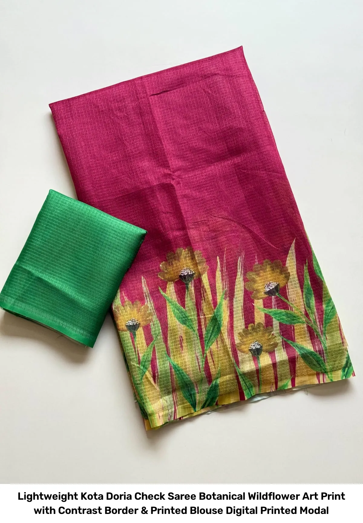Lightweight Kota Doria Check Saree – Botanical Wildflower Art Print with Contrast Border & Printed Blouse Digital Printed Modal 5