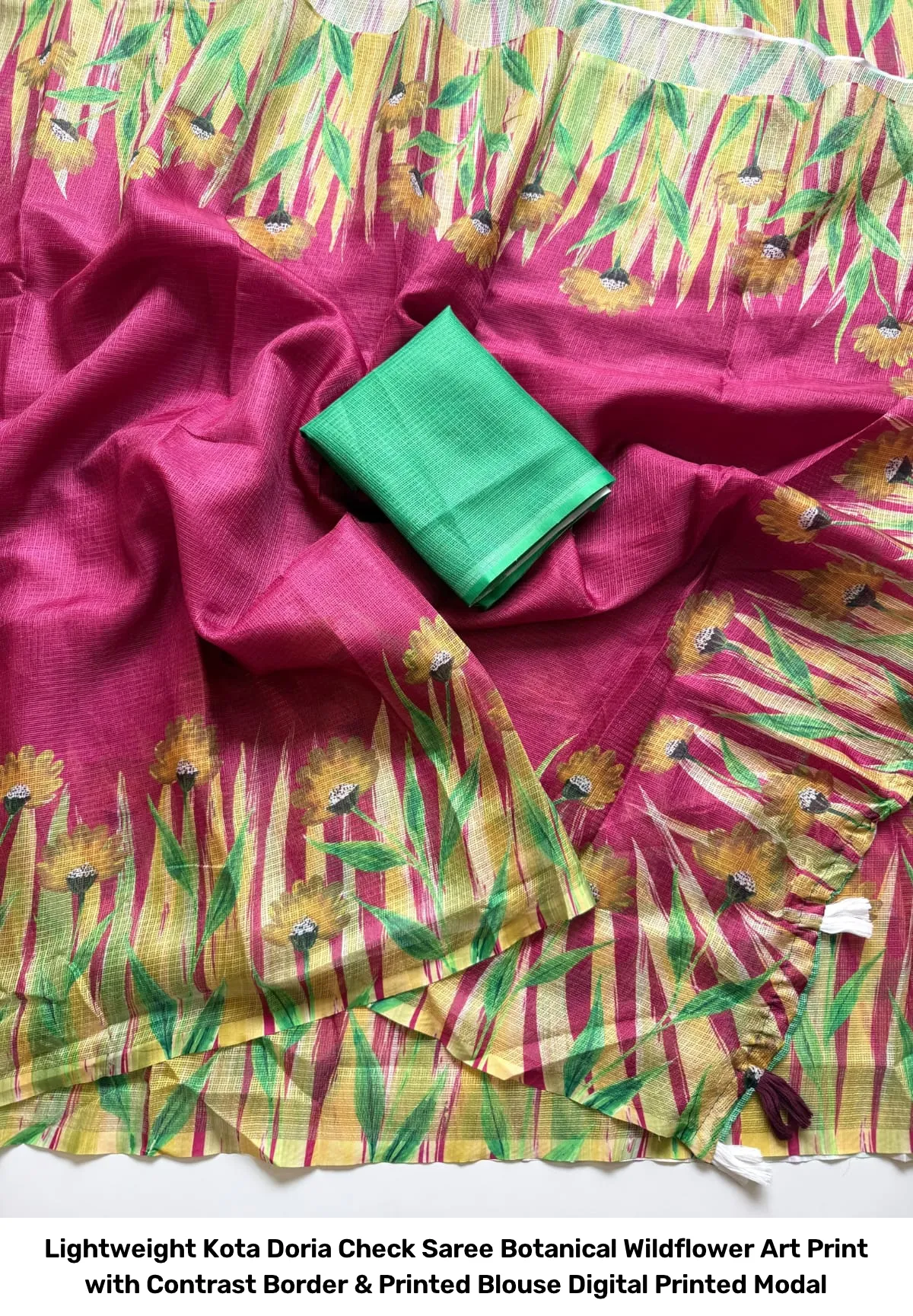 Lightweight Kota Doria Check Saree – Botanical Wildflower Art Print with Contrast Border & Printed Blouse Digital Printed Modal 6