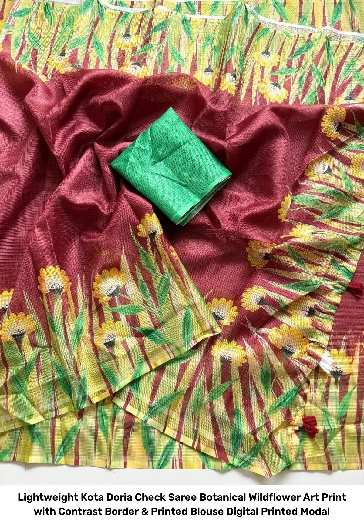 Lightweight Kota Doria Check Saree – Botanical Wildflower Art Print with Contrast Border & Printed Blouse Digital Printed Modal 7