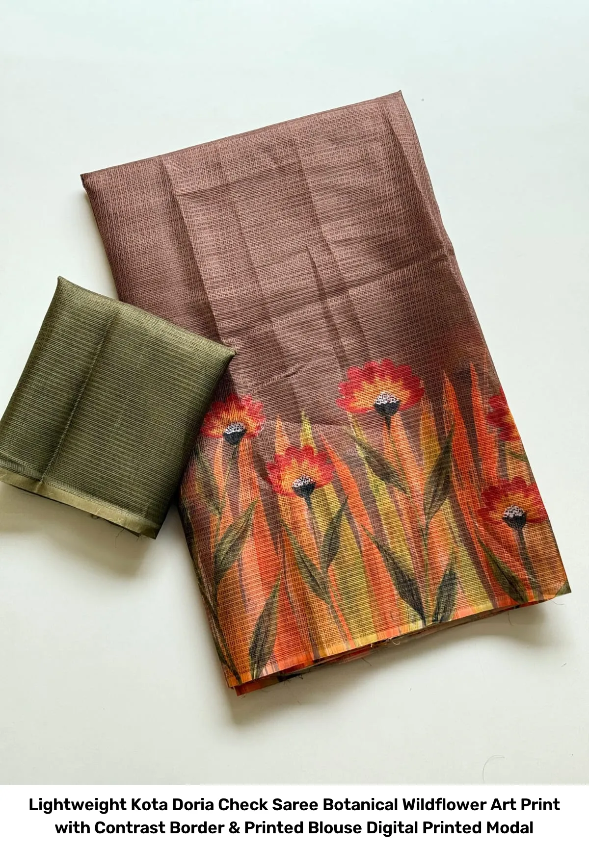 Lightweight Kota Doria Check Saree – Botanical Wildflower Art Print with Contrast Border & Printed Blouse Digital Printed Modal 8