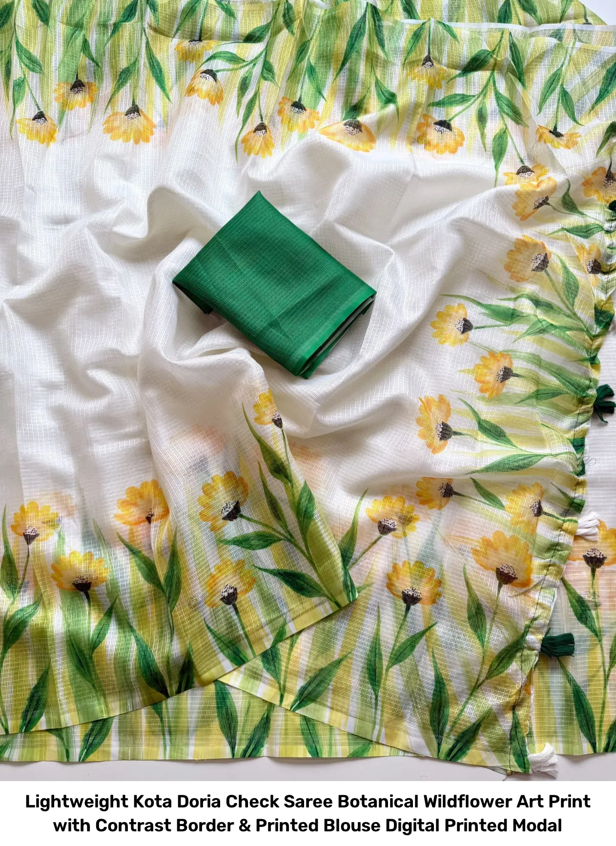 Lightweight Kota Doria Check Saree – Botanical Wildflower Art Print with Contrast Border & Printed Blouse Digital Printed Modal 9