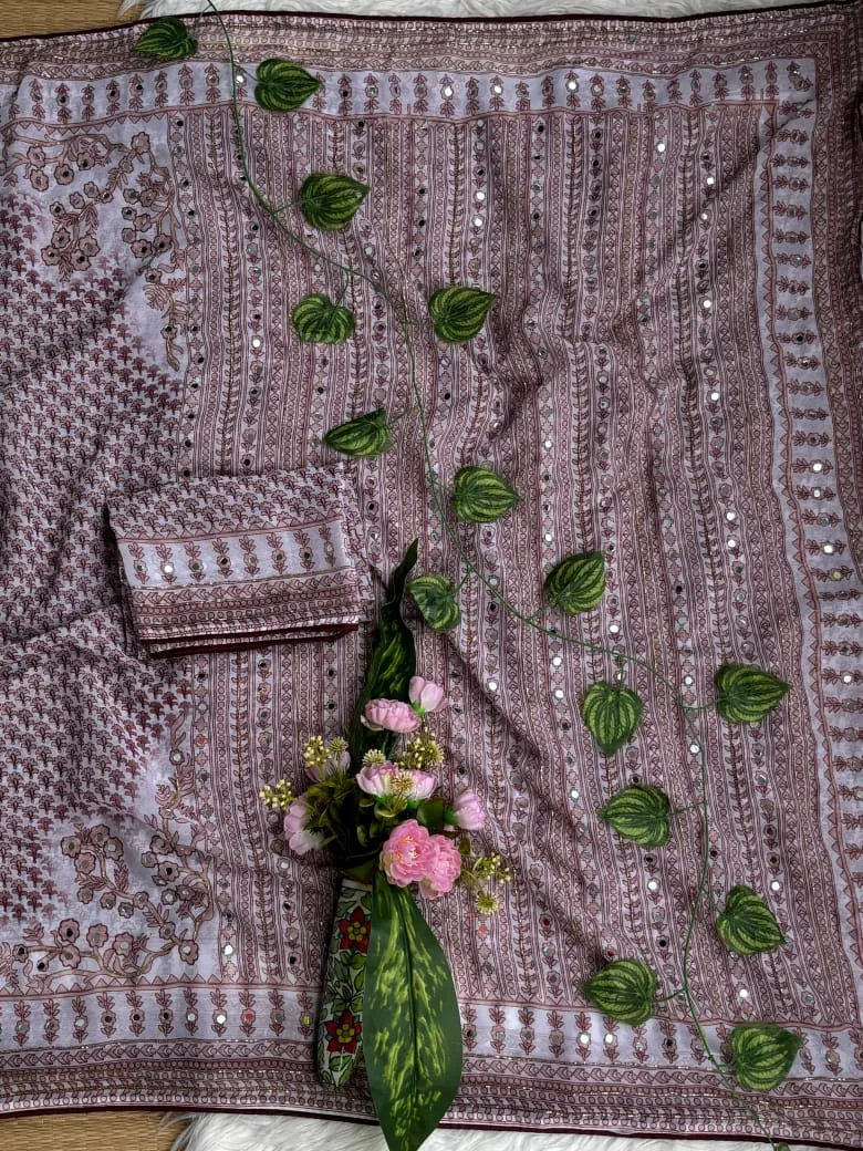 Lightweight Printed Georgette Saree with Handcrafted Real Mirror Detailing