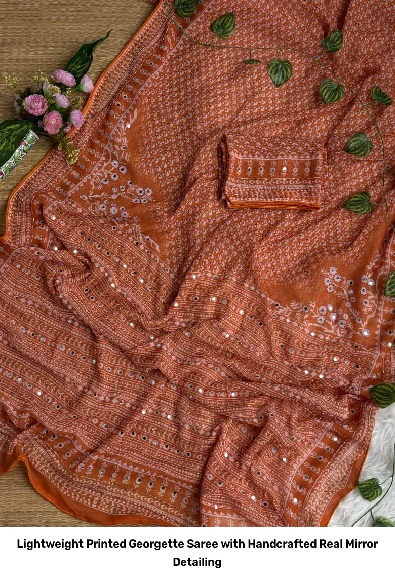 Lightweight Printed Georgette Saree with Handcrafted Real Mirror Detailing 11