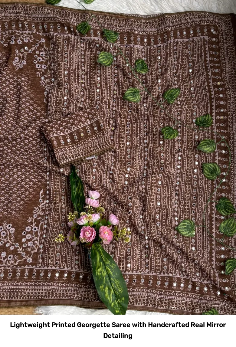 Lightweight Printed Georgette Saree with Handcrafted Real Mirror Detailing 13