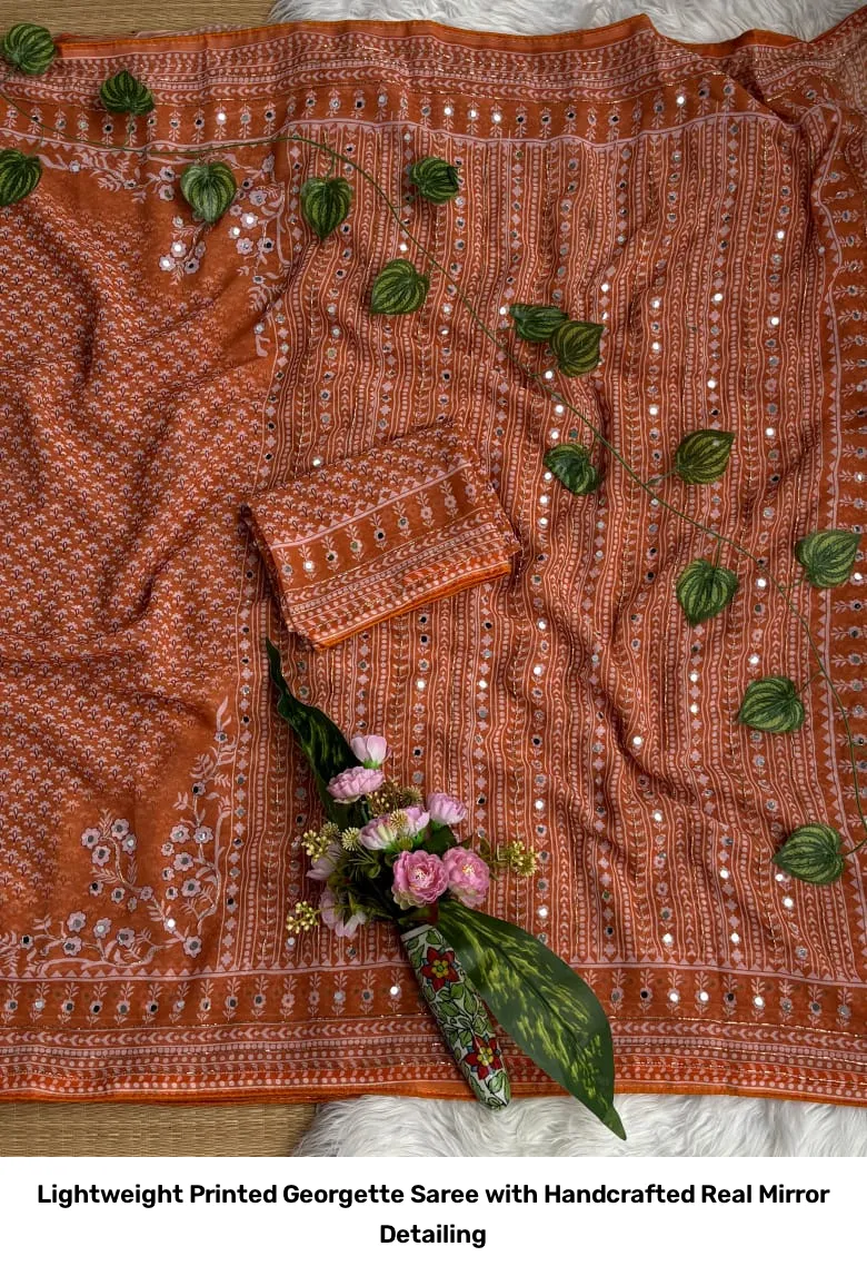 Lightweight Printed Georgette Saree with Handcrafted Real Mirror Detailing 16