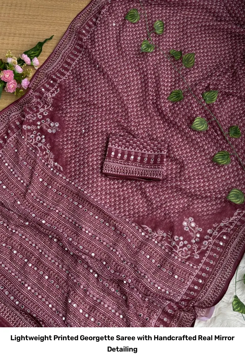 Lightweight Printed Georgette Saree with Handcrafted Real Mirror Detailing 17