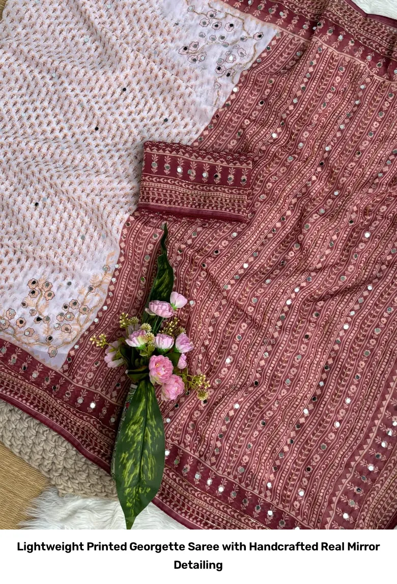 Lightweight Printed Georgette Saree with Handcrafted Real Mirror Detailing 2