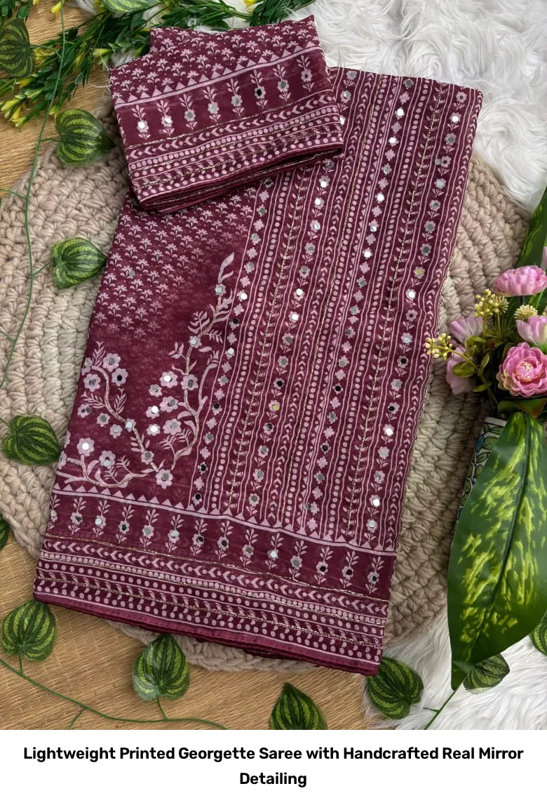 Lightweight Printed Georgette Saree with Handcrafted Real Mirror Detailing 20