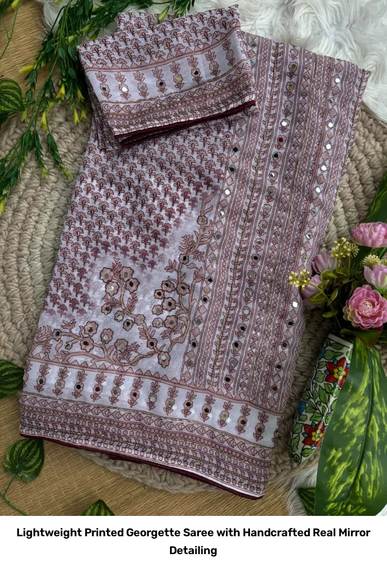Lightweight Printed Georgette Saree with Handcrafted Real Mirror Detailing 5