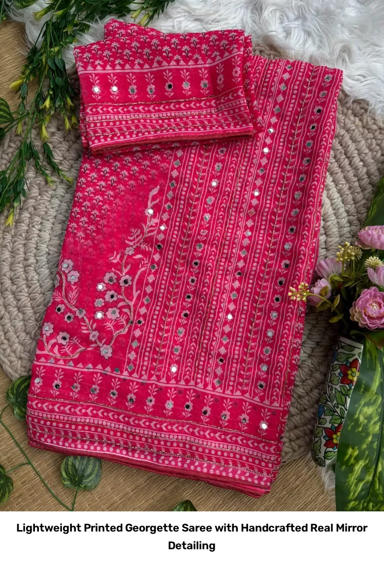 Lightweight Printed Georgette Saree with Handcrafted Real Mirror Detailing 7