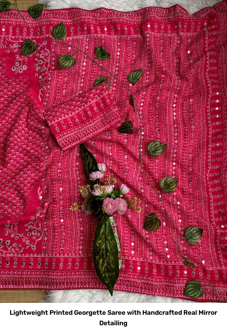 Lightweight Printed Georgette Saree with Handcrafted Real Mirror Detailing 9