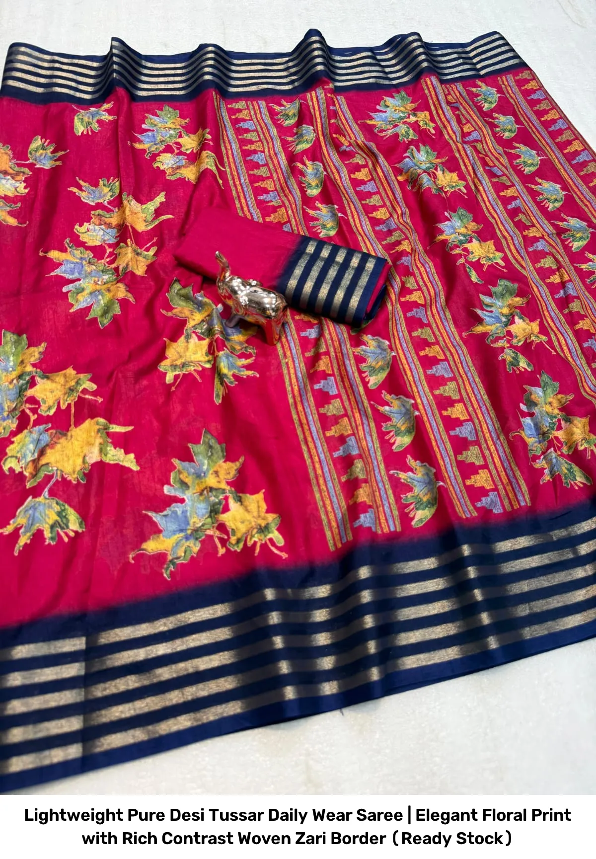 Lightweight Pure Desi Tussar Daily Wear Saree | Elegant Floral Print with Rich Contrast Woven Zari Border (Ready Stock) 10