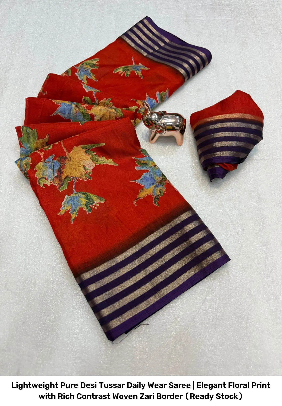 Lightweight Pure Desi Tussar Daily Wear Saree | Elegant Floral Print with Rich Contrast Woven Zari Border (Ready Stock) 11