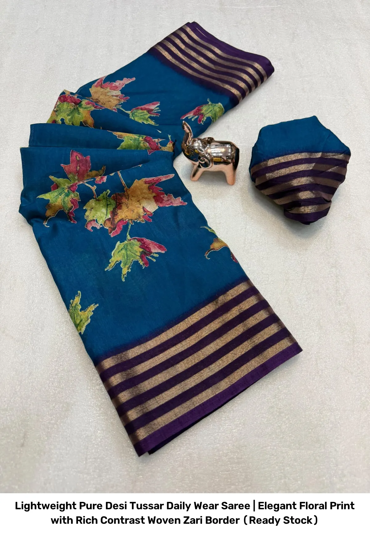 Lightweight Pure Desi Tussar Daily Wear Saree | Elegant Floral Print with Rich Contrast Woven Zari Border (Ready Stock) 12