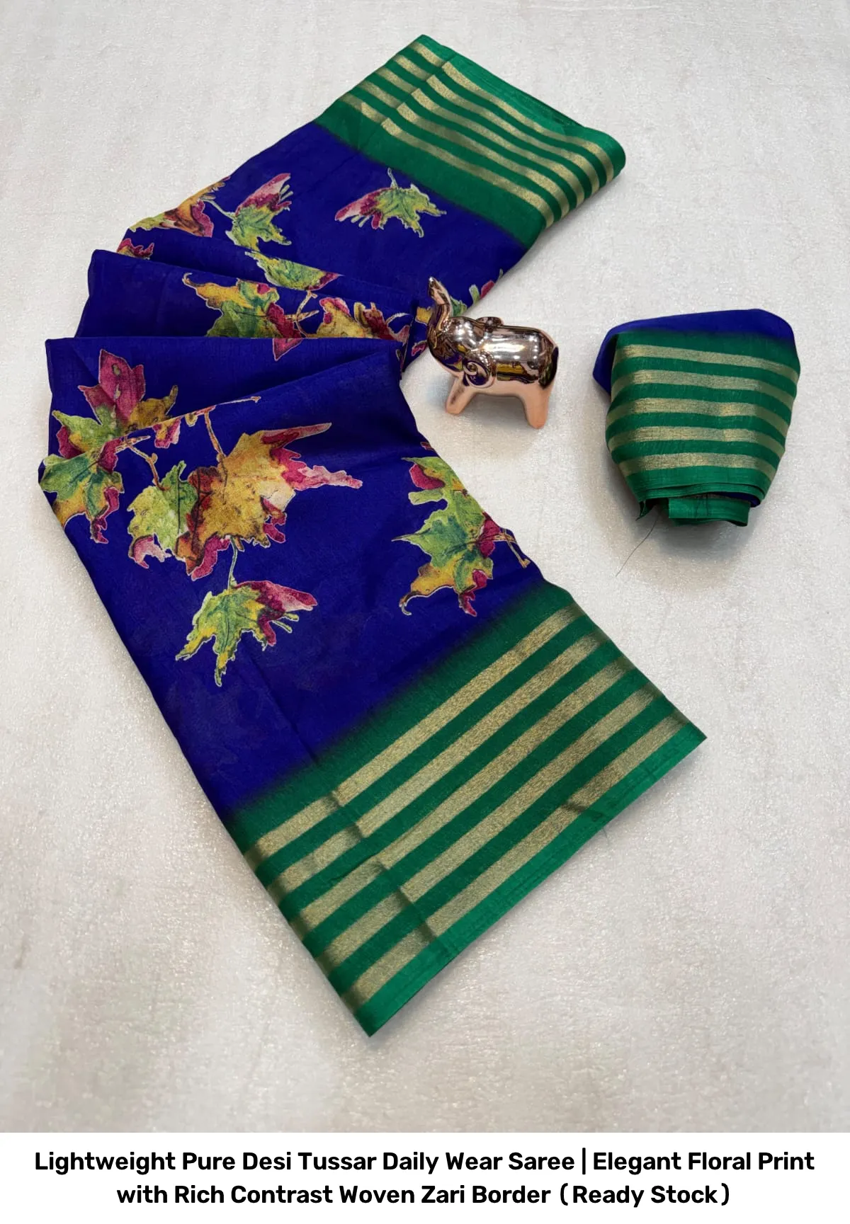 Lightweight Pure Desi Tussar Daily Wear Saree | Elegant Floral Print with Rich Contrast Woven Zari Border (Ready Stock) 13