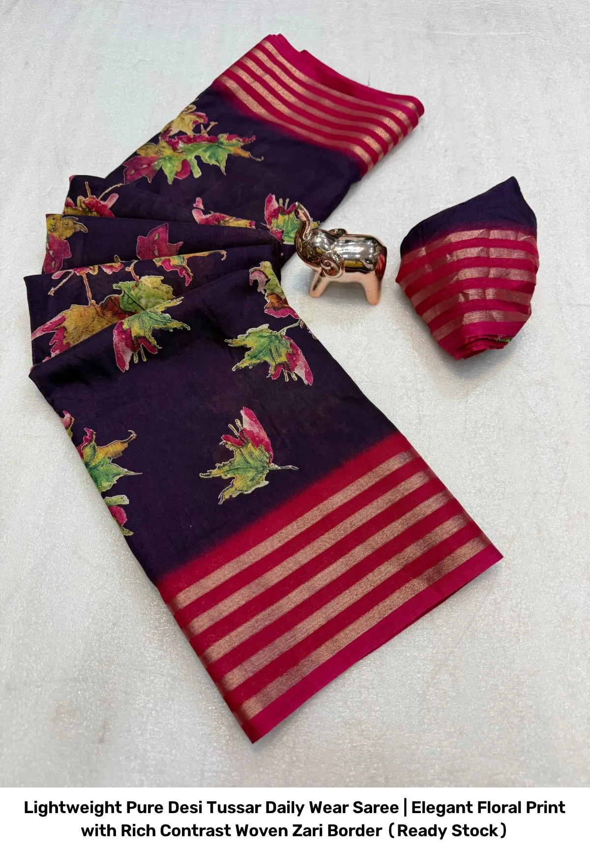 Lightweight Pure Desi Tussar Daily Wear Saree | Elegant Floral Print with Rich Contrast Woven Zari Border (Ready Stock) 14