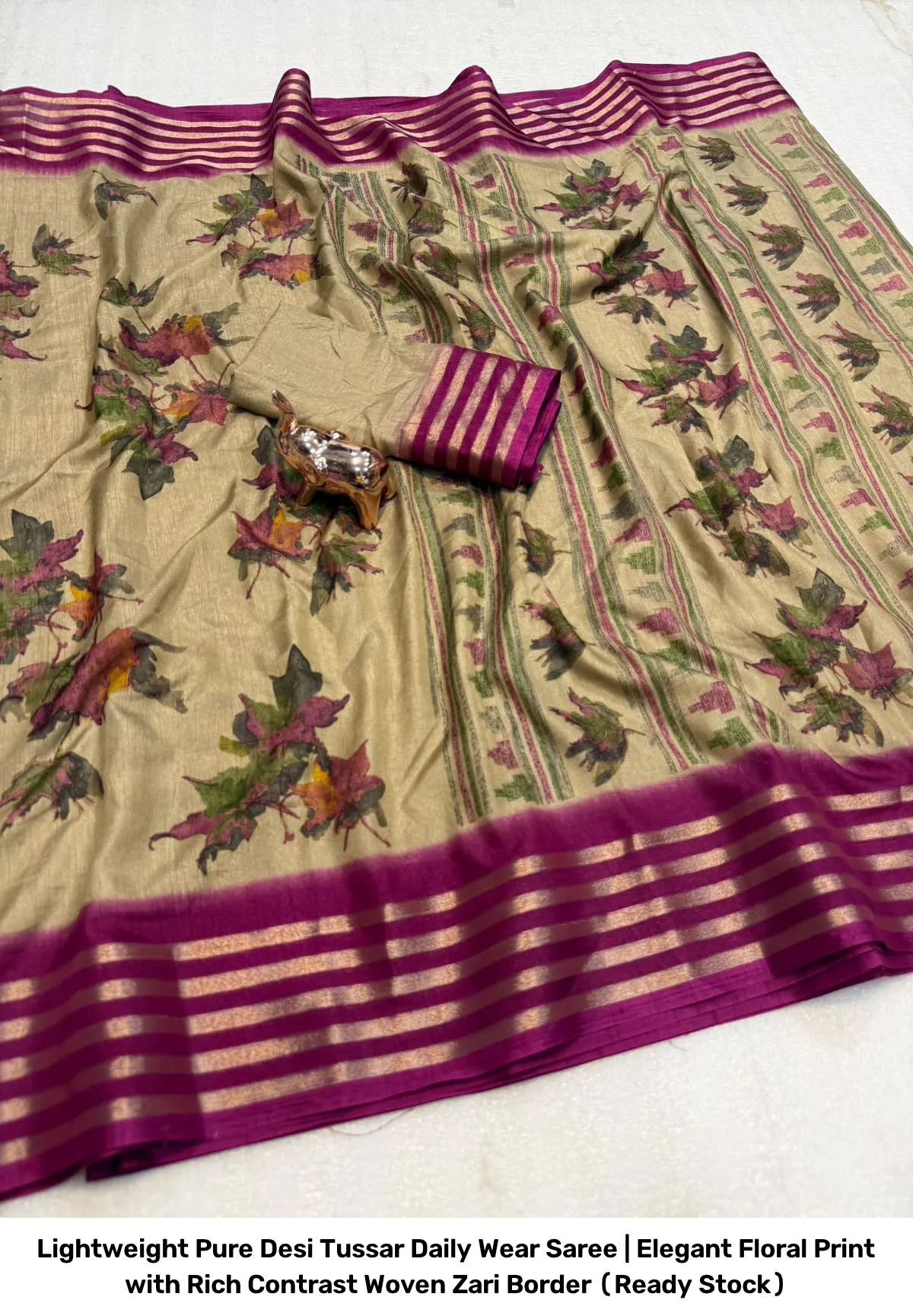 Lightweight Pure Desi Tussar Daily Wear Saree | Elegant Floral Print with Rich Contrast Woven Zari Border (Ready Stock) 15
