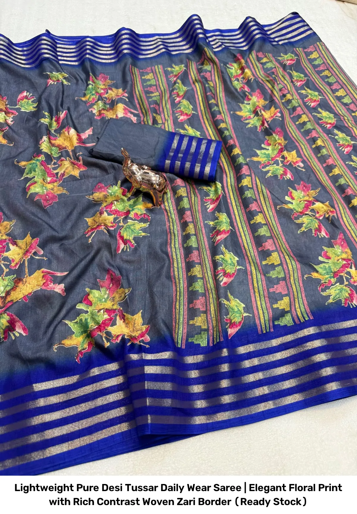 Lightweight Pure Desi Tussar Daily Wear Saree | Elegant Floral Print with Rich Contrast Woven Zari Border (Ready Stock) 16