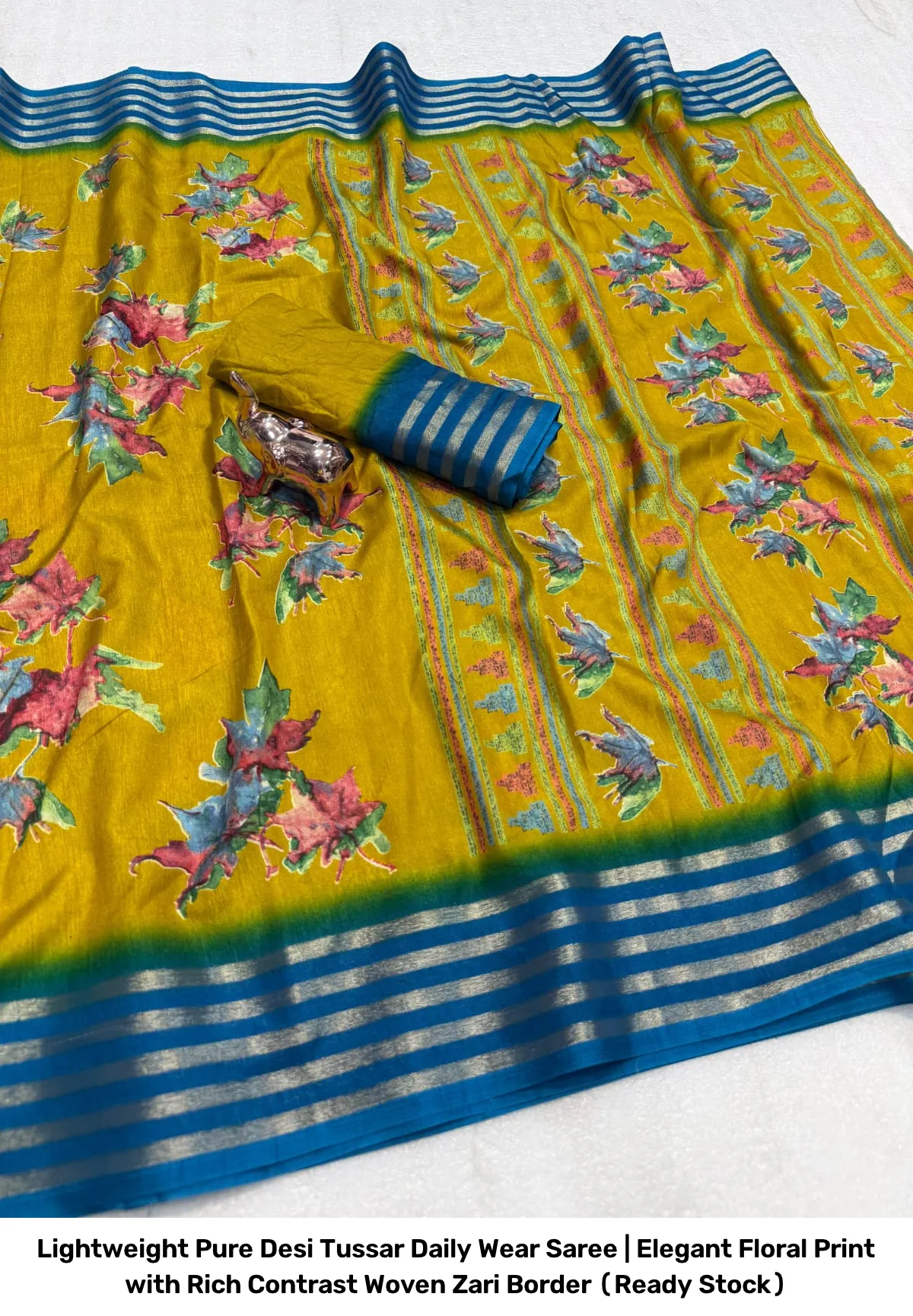 Lightweight Pure Desi Tussar Daily Wear Saree | Elegant Floral Print with Rich Contrast Woven Zari Border (Ready Stock) 2