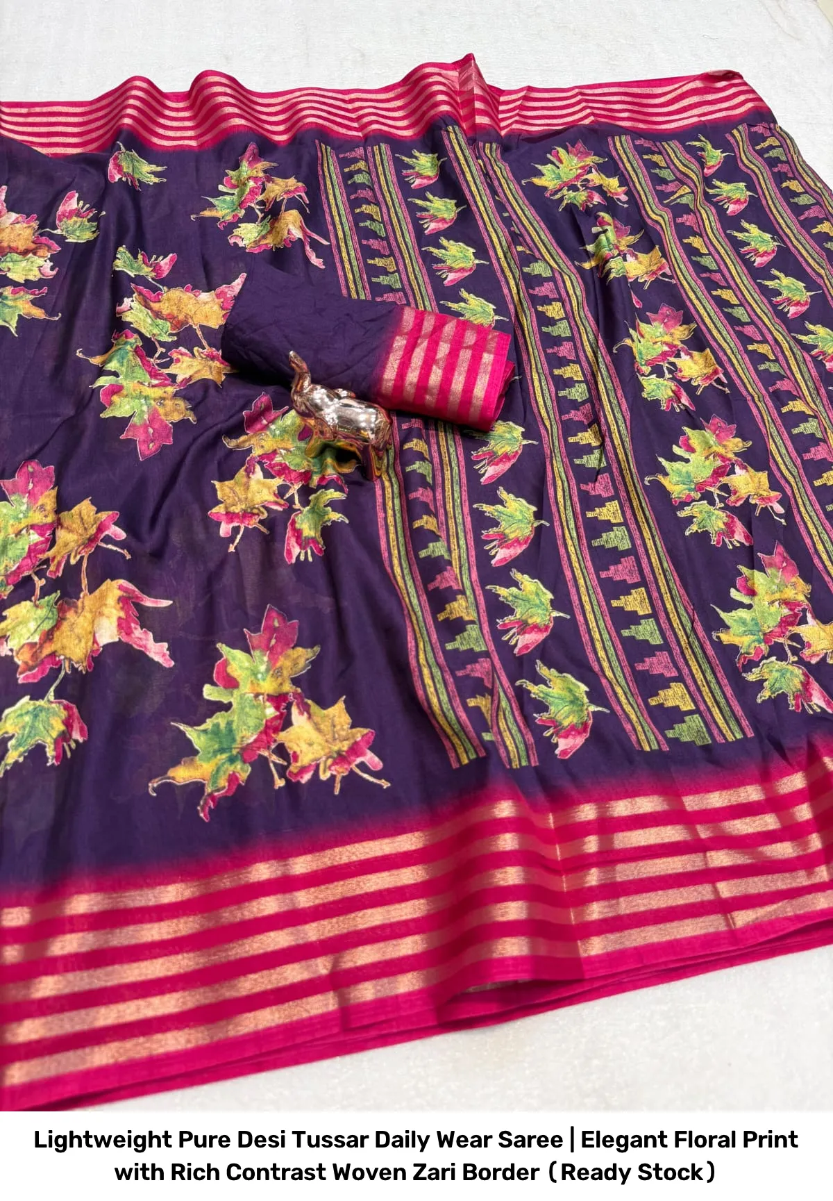 Lightweight Pure Desi Tussar Daily Wear Saree | Elegant Floral Print with Rich Contrast Woven Zari Border (Ready Stock) 3